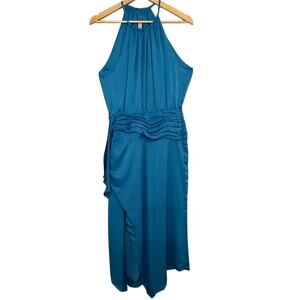 Ramy Brook Amanda Elegant Lake Blue Split Hem Halter Pleated Dress $495 NWT 6